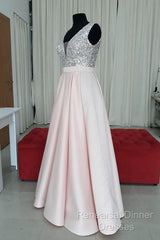 Sequins V-Neck Floor Length Satin Semi Formal Prom Dresses