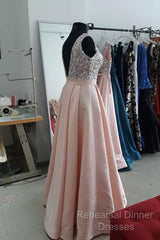 Sequins V-Neck Floor Length Satin Semi Formal Prom Dresses