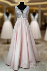 Sequins V-Neck Floor Length Satin Semi Formal Prom Dresses