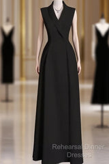 Sexy A Line Black Satin Party Dresses Long Semi Formal Prom Dresses