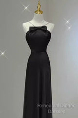 Sexy A Line Halter Long Black Satin Semi Formal Prom Dress