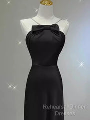Sexy A Line Halter Long Black Satin Semi Formal Prom Dress