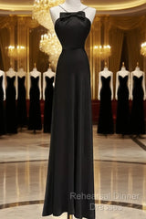 Sexy A Line Halter Long Black Satin Semi Formal Prom Dress