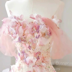 Sexy A Line Off The Shoulder Pink Tulle Floor Length Floral Semi Formal Prom Dresses