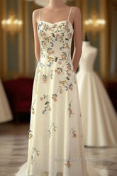 Sexy A Line Spaghetti Straps Ivory Floral Satin Semi Formal Prom Dresses Birthday Outfits Evening Gown