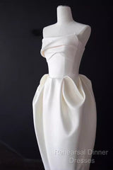 Sexy A Line Strapless Satin White Tea Length Wedding Dresses Brides Dress