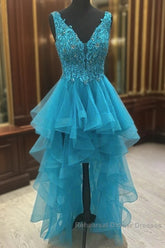 Sexy Asymmetrical V-Neck Tulle Semi Formal Prom Dresses