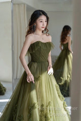 Sexy Ball Gown Strapless Neckline Green Ruffles Evening Dress Semi Formal Prom Dresses