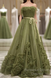 Sexy Ball Gown Strapless Neckline Green Ruffles Evening Dress Semi Formal Prom Dresses