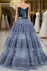 Sexy Ball Gown Sweetheart Neckline Gray Tulle Evening Dress Semi Formal Prom Dresses
