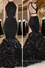 Sexy Black Backless Mermaid Ruffles Tiered African Long Lace Semi Formal Prom Dresses