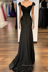 Sexy Black Mermaid Gown V Neck Chiffon Lace Semi Formal Prom Dress Evening Dress