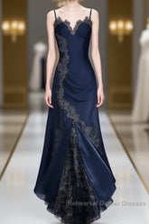 Sexy Bodycon Mermaid Straps Long Navy Blue Lace Semi Formal Prom Dress Party Dresses