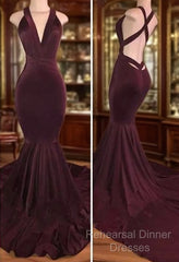 Sexy Deep V Neck Mermaid Velvet Burgundy Semi Formal Prom Dresses