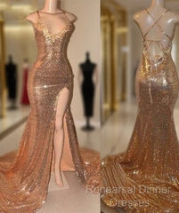 Sexy Gold Sequin Spaghetti-Straps Slit Semi Formal Prom Dresses