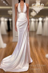 Sexy Halter V-Neck Mermaid Semi Formal Prom Dress Ruffle Satin Long Party Dress