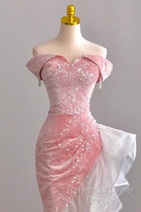 Sexy High Low Off The Shoulder Pink Velvet Semi Formal Prom Dress