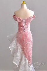 Sexy High Low Off The Shoulder Pink Velvet Semi Formal Prom Dress