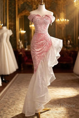 Sexy High Low Off The Shoulder Pink Velvet Semi Formal Prom Dress