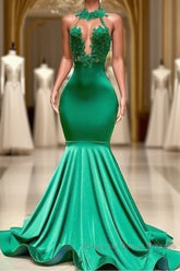 Sexy Long Green Lace Semi Formal Prom Dresses Open Back Mermaid Halter Dress