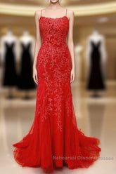 Sexy Long Lace Red Semi Formal Prom Dresses Open Back