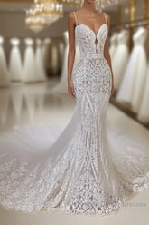 Sexy Long Mermaid V-neck Spaghetti Straps Appliques Lace Wedding Dresses