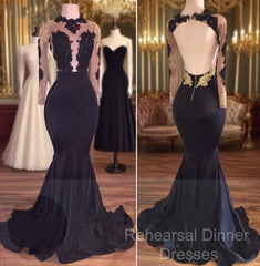 Sexy Mermaid Black Gold Long-Sleeve Semi Formal Prom Dresses