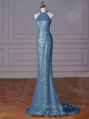 Sexy Mermaid Halter Sequin Blue Floor Length Semi Formal Prom Dress