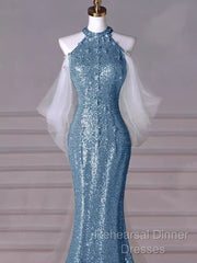 Sexy Mermaid Halter Sequin Blue Floor Length Semi Formal Prom Dress