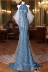 Sexy Mermaid Halter Sequin Blue Floor Length Semi Formal Prom Dress