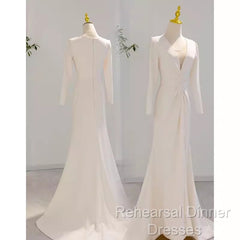 Sexy Mermaid Long Sleeves V Neckline Satin White Long Wedding Dresses Brides Dress