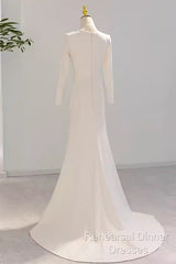 Sexy Mermaid Long Sleeves V Neckline Satin White Long Wedding Dresses Brides Dress