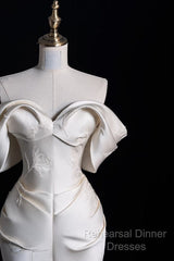 Sexy Mermaid Off The Shoulder Ivory Satin Long Wedding Dresses Brides Dress
