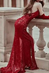 Sexy Mermaid Party Dresses Sequin Halter Red Prom Dresses