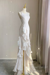 Sexy Mermaid Scoop Satin Night Party Dress White Long Semi Formal Prom Dresses