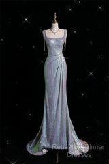 Sexy Mermaid Spaghetti Straps Sequin Silver Evening Gowns Long Semi Formal Prom Dresses