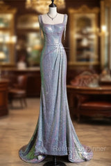 Sexy Mermaid Spaghetti Straps Sequin Silver Evening Gowns Long Semi Formal Prom Dresses
