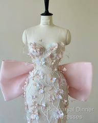 Sexy Mermaid Strapless Pink Sequin Long Floral Semi Formal Prom Dresses Party Dress