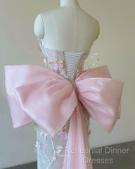 Sexy Mermaid Strapless Pink Sequin Long Floral Semi Formal Prom Dresses Party Dress