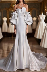 Sexy Mermaid Strapless Short Sleeves White Satin Wedding Dresses Brides Dress