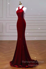 Sexy Mermaid Velvet Party Dresses Red Semi Formal Prom Dresses