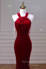 Sexy Mermaid Velvet Party Dresses Red Semi Formal Prom Dresses