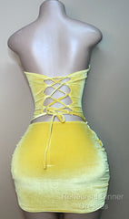 Sexy Strapless Yellow Velvet Semi Formal Prom Dress ,Charming Homecoming Dress