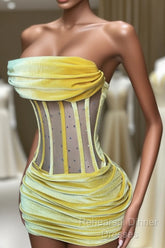 Sexy Strapless Yellow Velvet Semi Formal Prom Dress ,Charming Homecoming Dress