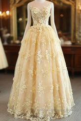 Sheer Appliques Lace A Line Yellow Semi Formal Prom Dress