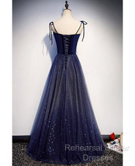 Shining Navy Blue Suede Fine Shoulder Strap Sleeveless Off Shoulder Evening Dress With Navy Blue A-Line Princess Sequin Backless And Ground Length Ruffled Edge For Evening Dress