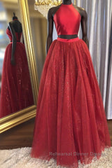 Shiny 2 Pieces Halter Neck Red Long Semi Formal Prom Dresses, Two Pieces Red Formal Graduation Evening Dresses