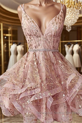 Shiny A Line V Neck Short Champagne Lace Semi Formal Prom Dresses, Short Champagne Lace Formal Homecoming Dresses