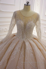 Shiny Ball Gown Tulle Jewel Long Sleevess Ruffless Wedding Dresses