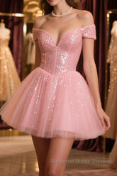 Shiny Beadings Off the Shoulder Pink Short Homecoming Semi Formal Prom Dresses, Off Shoulder Pink Beaded Formal Graduation Evening Dresses